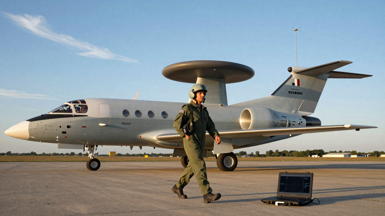 Avião militar cinza com radar no teto e piloto caminhando ao lado em pista ao pôr do sol.