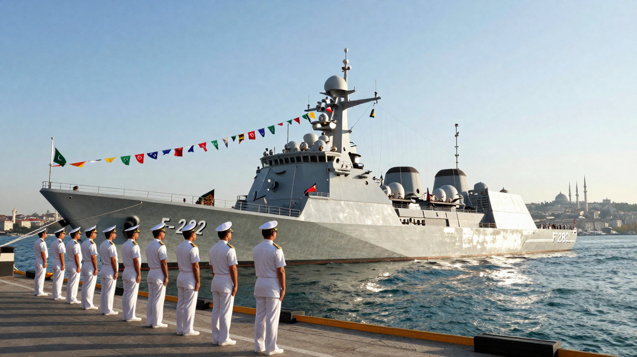 Marinheiros alinhados no cais prestam continência a navio de guerra cinza F-222 decorado com bandeiras coloridas.