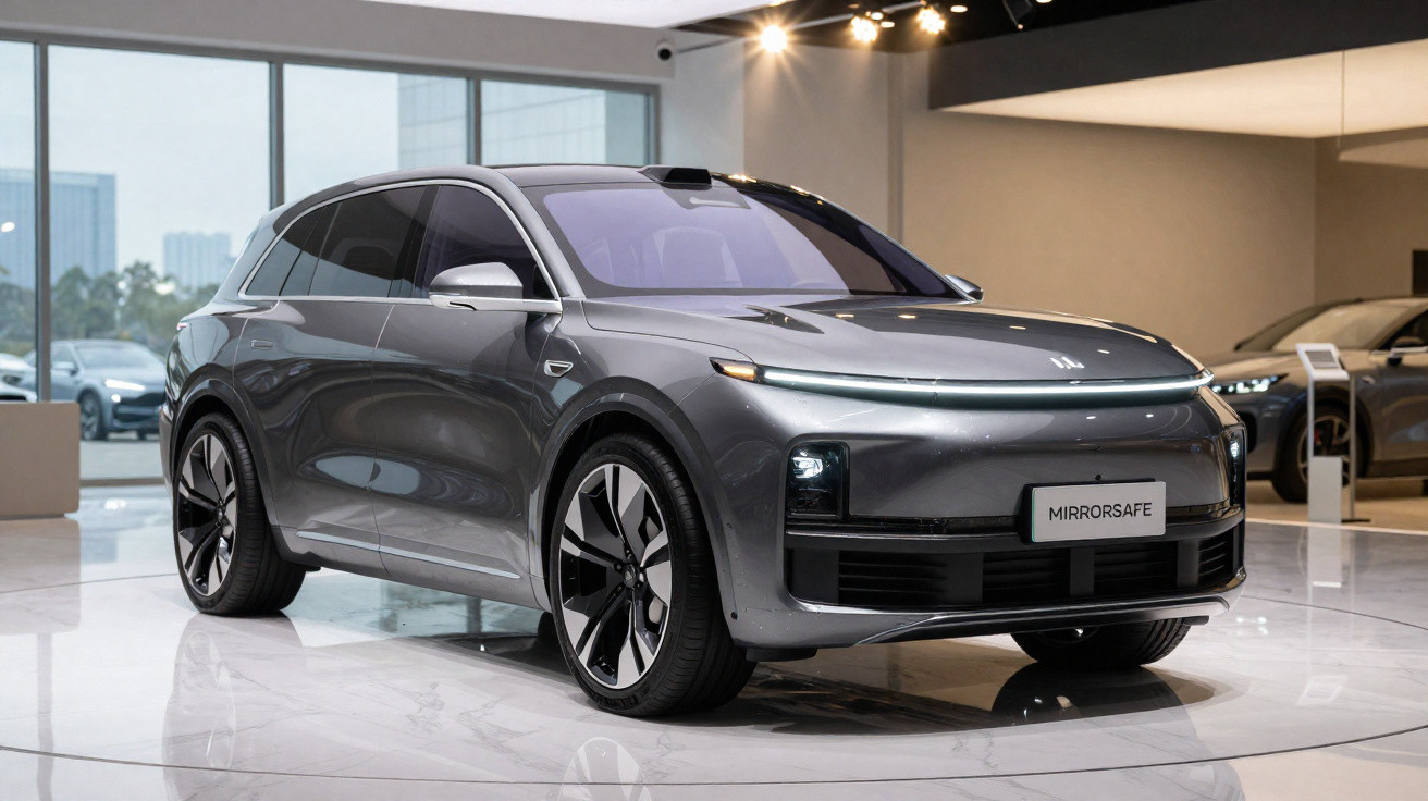 Carro elétrico cinza moderno com design aerodinâmico exposto em showroom com piso branco e janelas grandes.