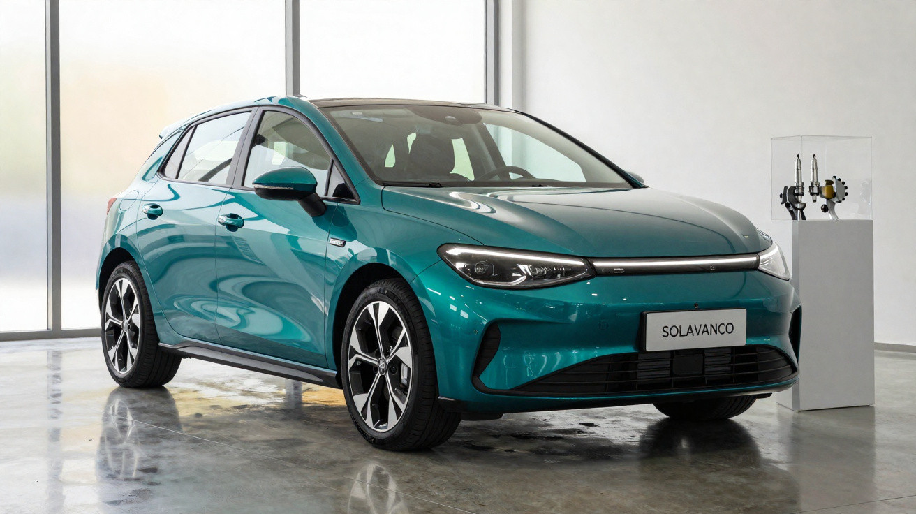 Carro elétrico verde modelo hatch em showroom com piso refletivo e paredes claras.