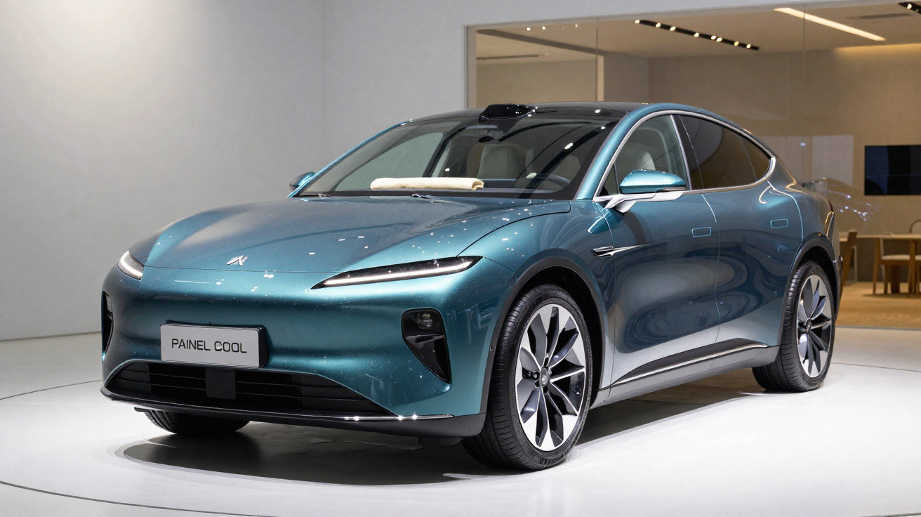 Carro elétrico azul-metalizado exposto em ambiente interno com design moderno e rodas grandes.
