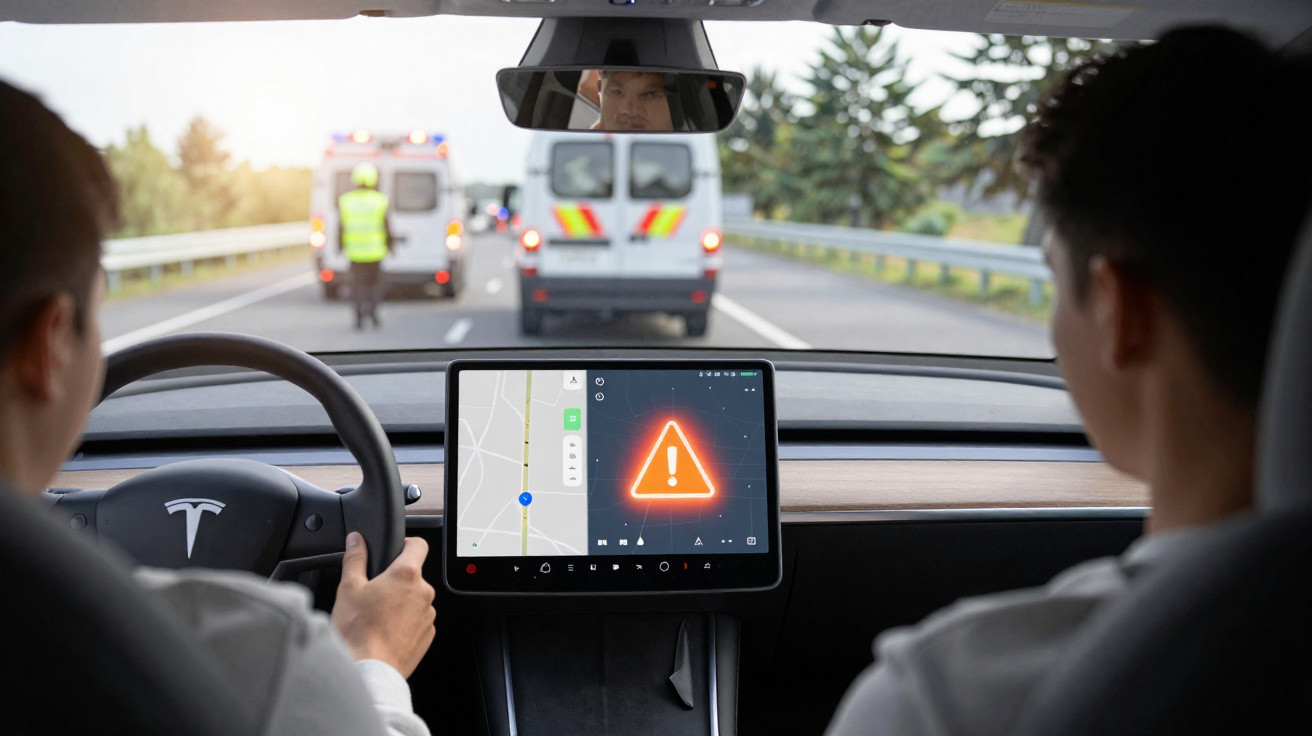 Interior de Tesla com dois ocupantes, tela do carro mostrando alerta de perigo no trânsito à frente.