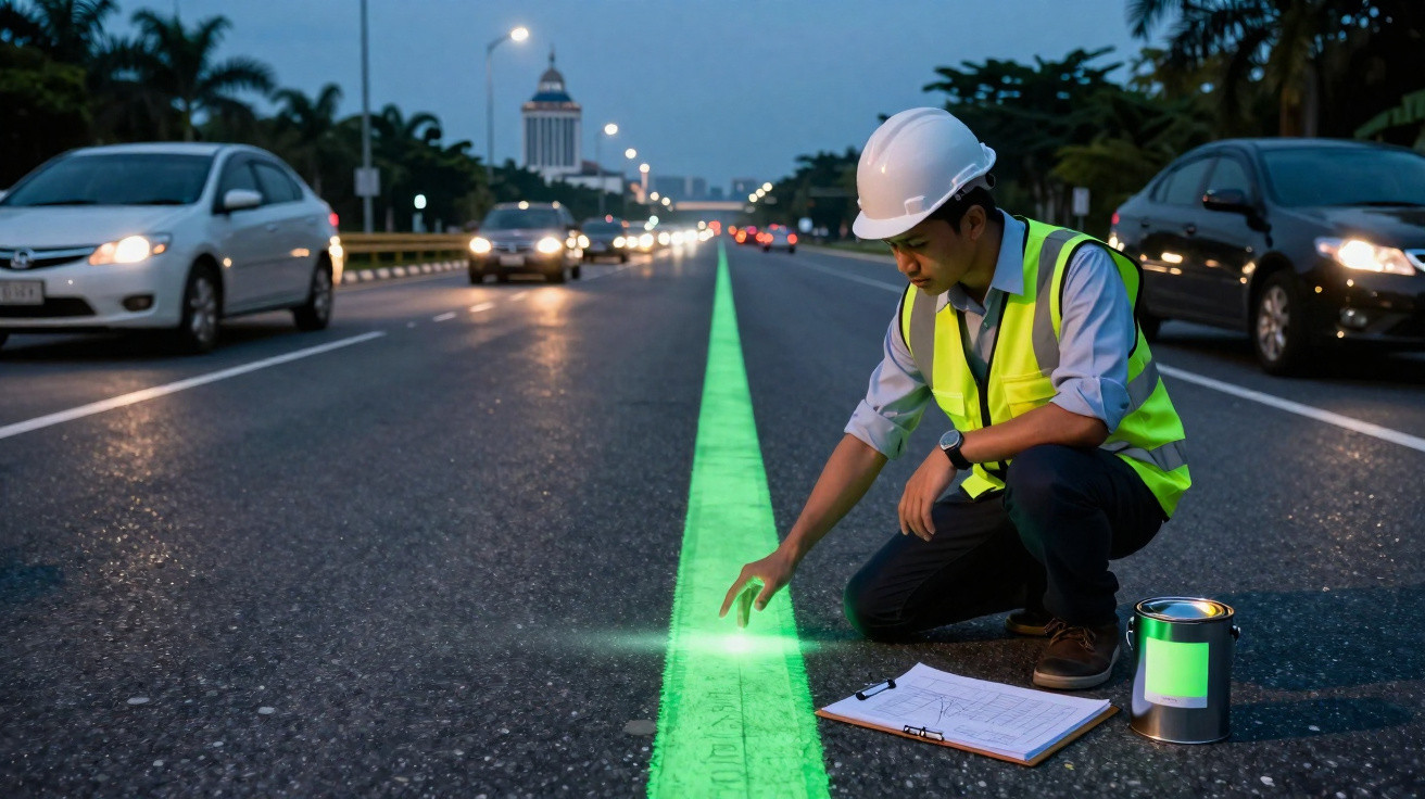 Homem com capacete e colete refletivo verifica linha verde iluminada no meio da estrada ao entardecer.
