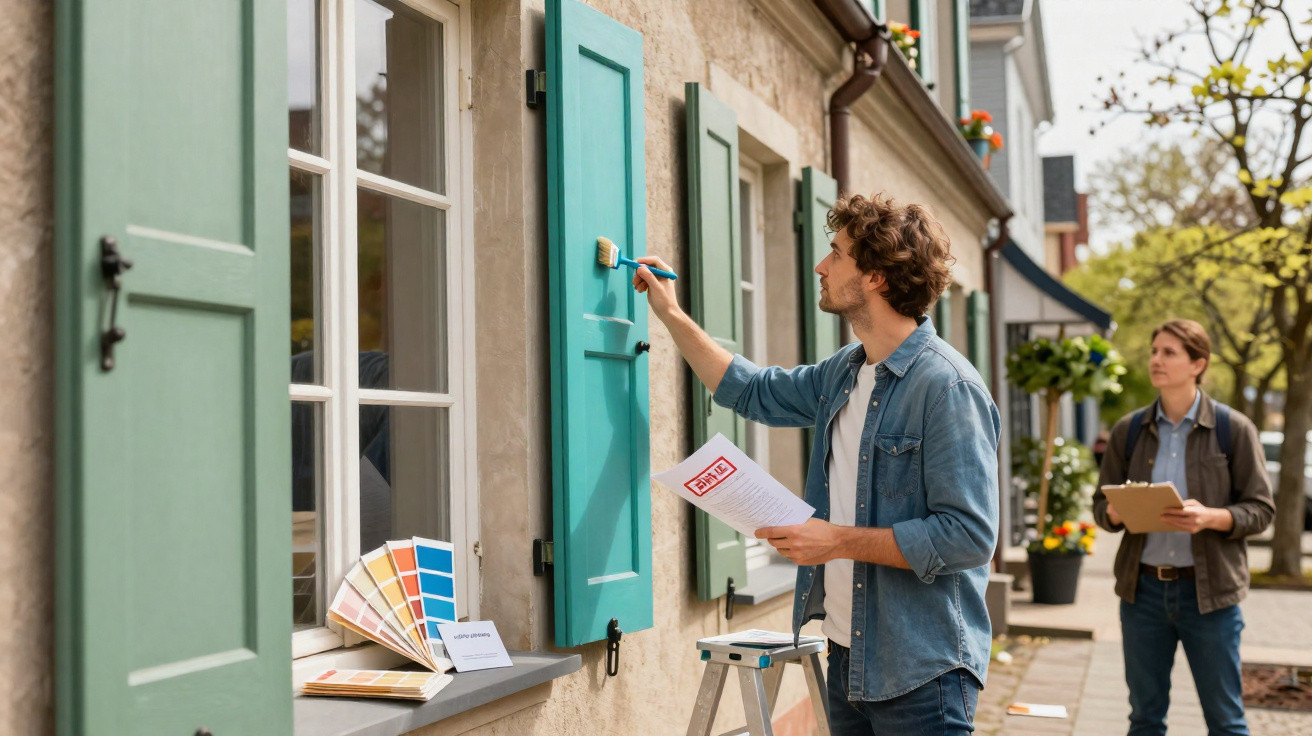 Homem pintando uma janela azul turquesa enquanto outra pessoa observa segurando prancheta.