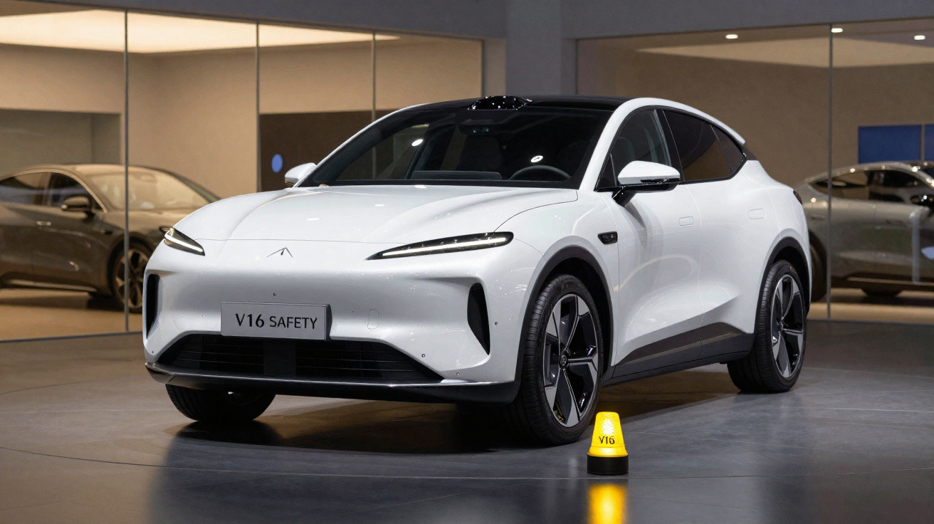 Carro elétrico branco V16 Safety exposto em ambiente interno com piso cinza e reflexos no chão.
