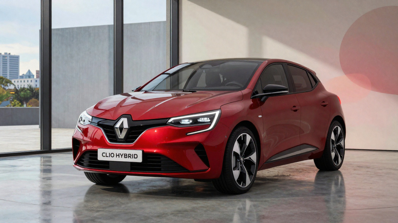 Carro Renault Clio Hybrid vermelho estacionado em ambiente interno com piso de concreto polido.