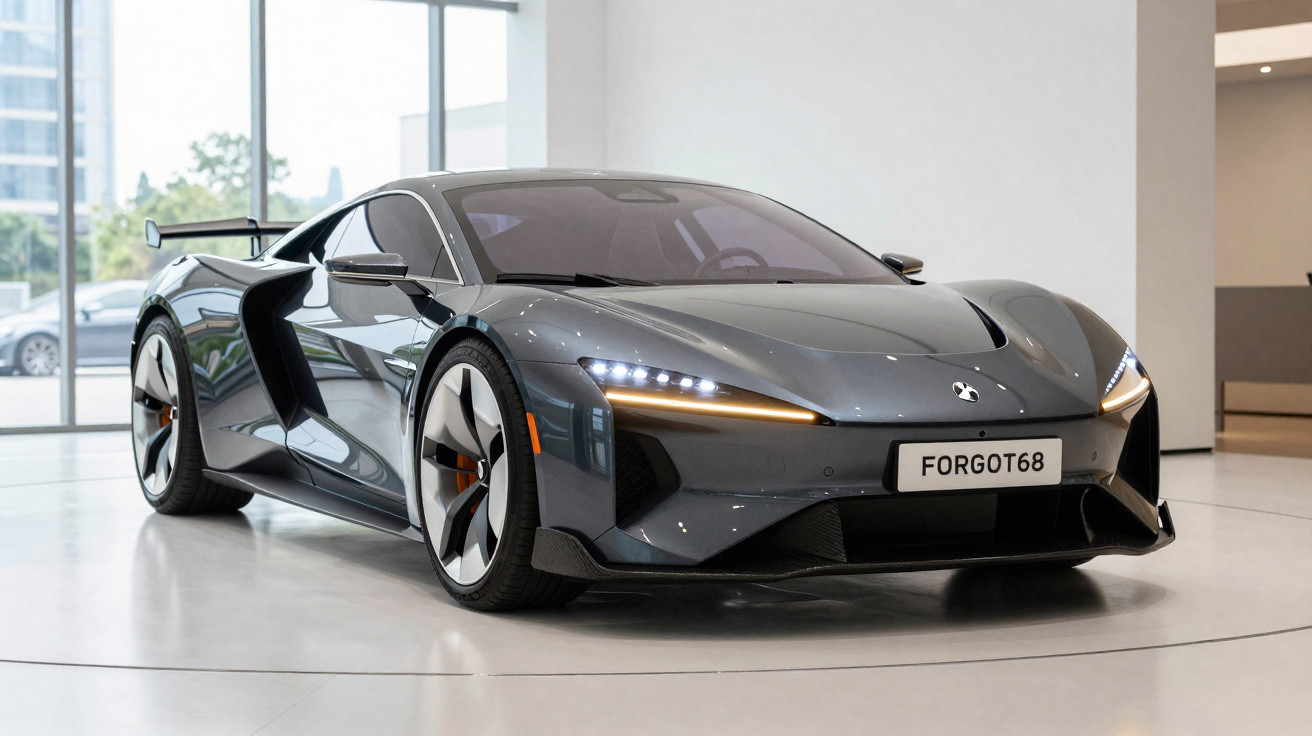 Carro esportivo cinza escuro com design aerodinâmico exibido em showroom moderno.