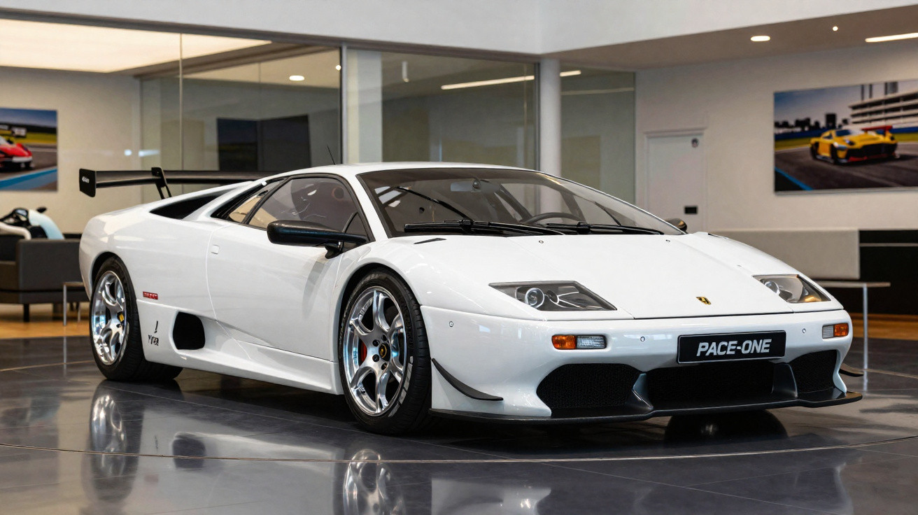 Carro esportivo branco com aerofólio traseiro exposto em salão moderno com piso espelhado.
