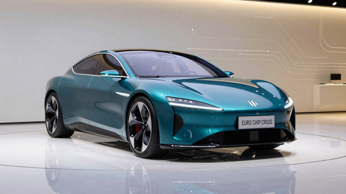 Carro esportivo elétrico verde metálico exibido em ambiente interno minimalista.
