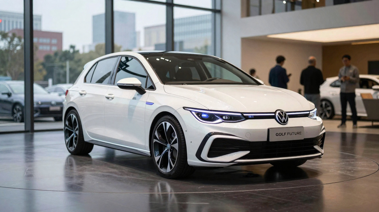 Carro branco Volkswagen Golf Future exposto em showroom moderno com pessoas ao fundo.