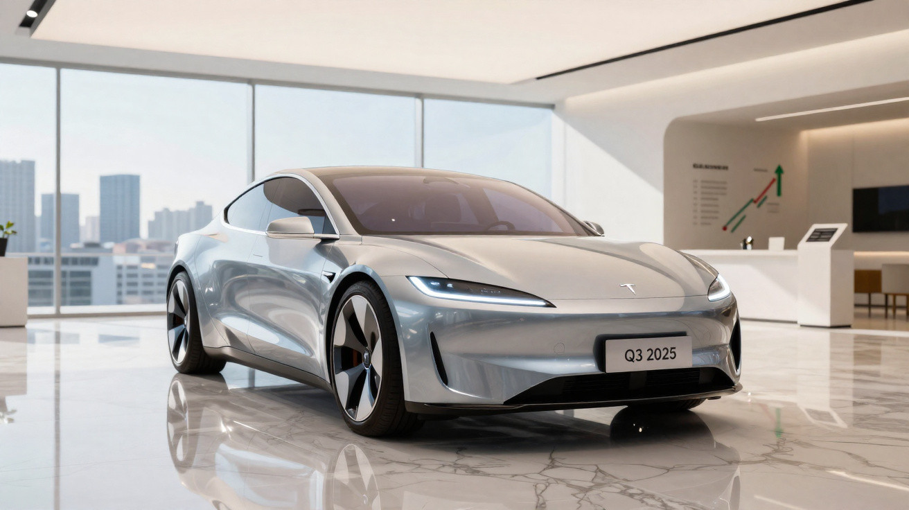 Carro esportivo elétrico prata Tesla Q3 2025 em showroom moderno com piso de mármore e janelas amplas.