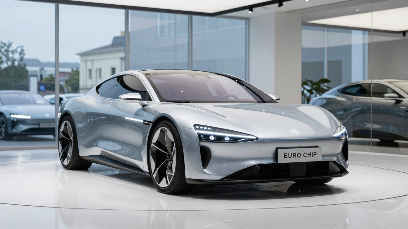 Carro esportivo elétrico prata exibido em showroom moderno com grande janela e piso branco brilhante.