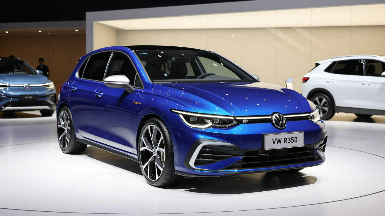 Carro Volkswagen R350 azul exibido em estande de salão automotivo com outros veículos ao fundo.