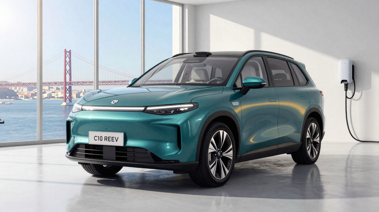 Carro elétrico SUV verde estacionado em garagem moderna com estação de recarga e vista para ponte suspensa.