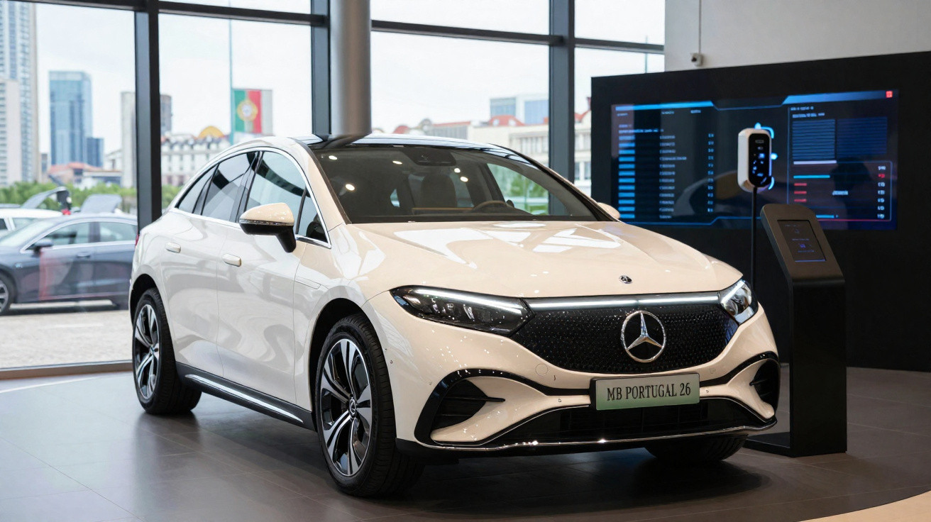 Carro elétrico Mercedes-Benz branco em exposição, com estação de carregamento ao lado, em ambiente interno moderno.