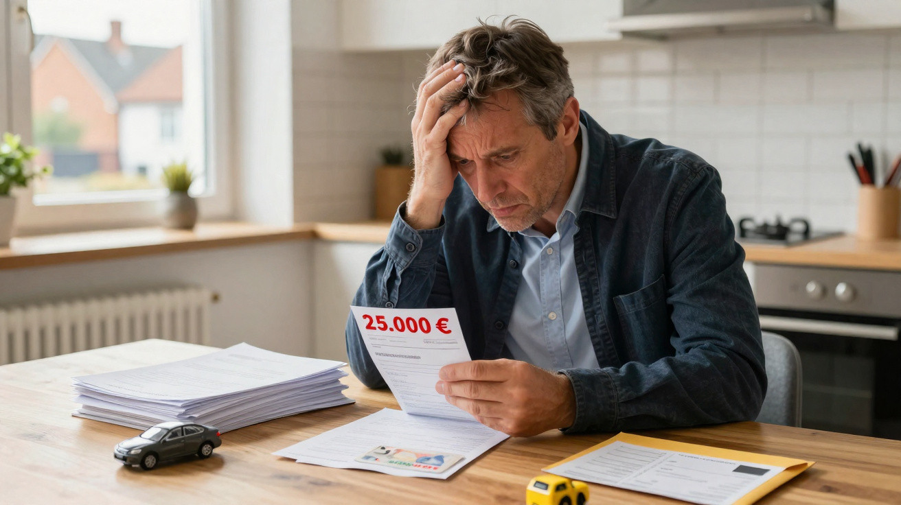 Homem preocupado lendo aviso de dívida de 25.000 euros sentado à mesa com documentos e miniaturas de carros.