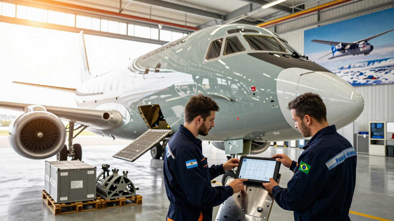 Dois técnicos em uniforme verificam dados em tablet na frente de um avião cinza em hangar.