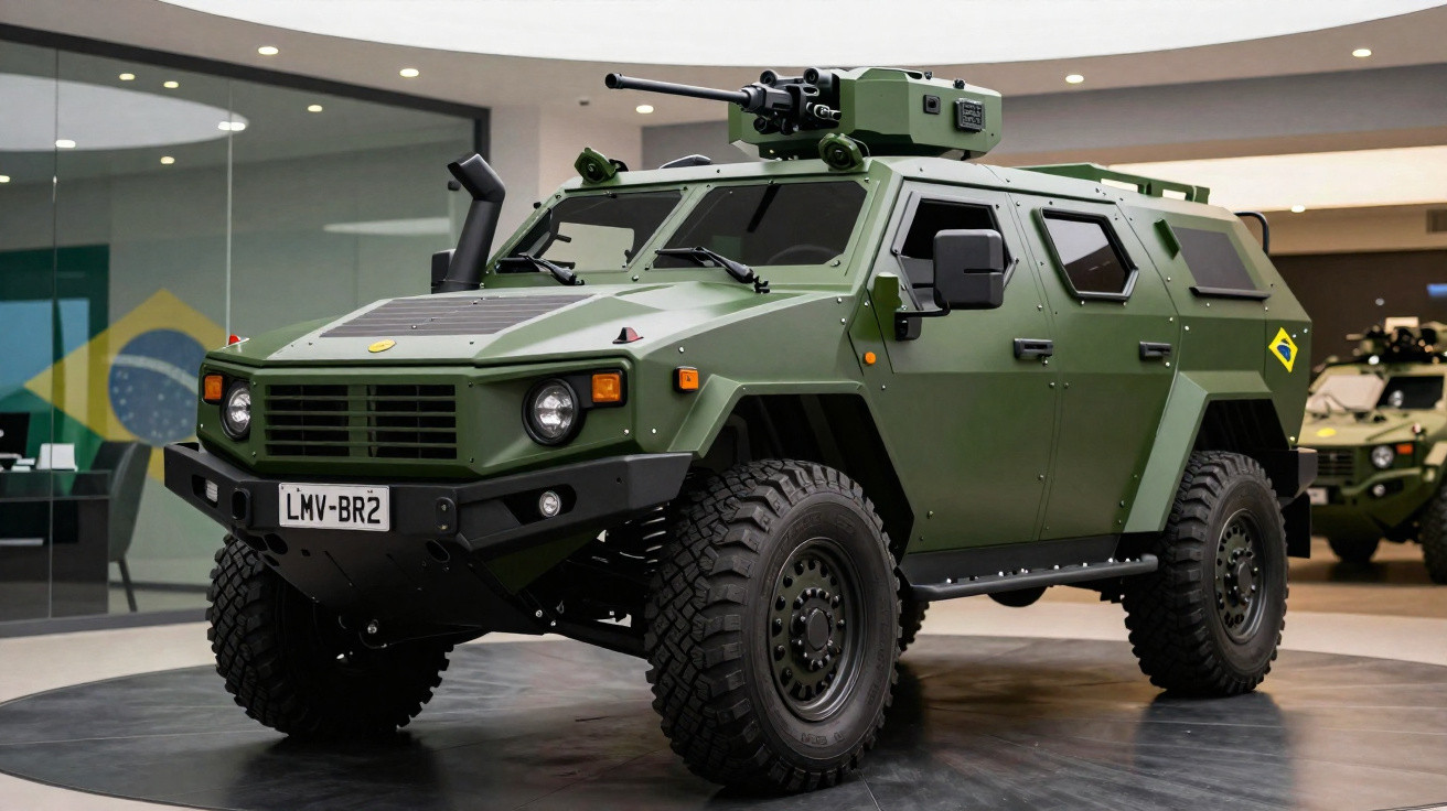 Veículo blindado militar brasileiro verde com armamento montado em exposição interna.