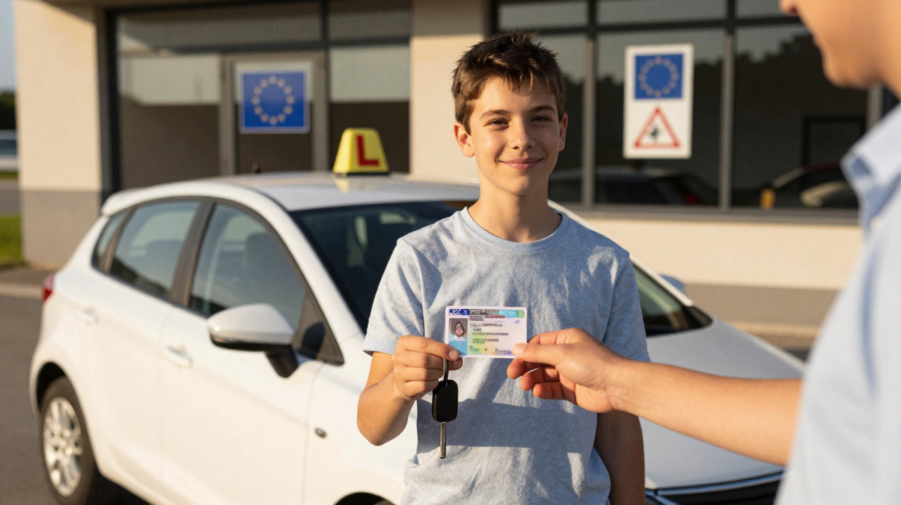 Jovem sorridente recebendo carteira de motorista e chave de carro em frente a veículo branco com placa L.