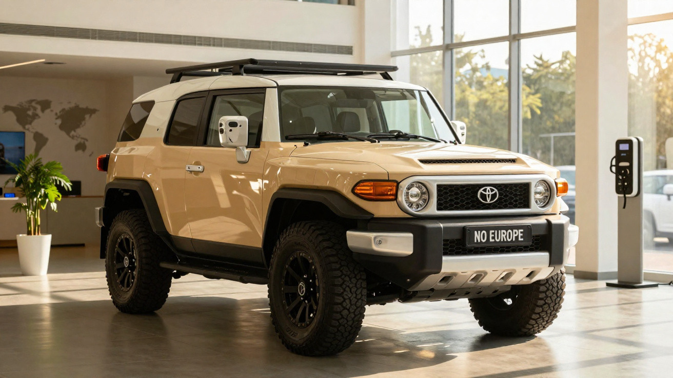 SUV Toyota FJ Cruiser bege estacionado dentro de showroom moderno com janela grande e carregador elétrico.