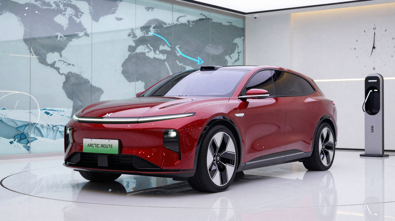 Carro elétrico vermelho em exposição com mapa mundi e estação de carregamento ao fundo.