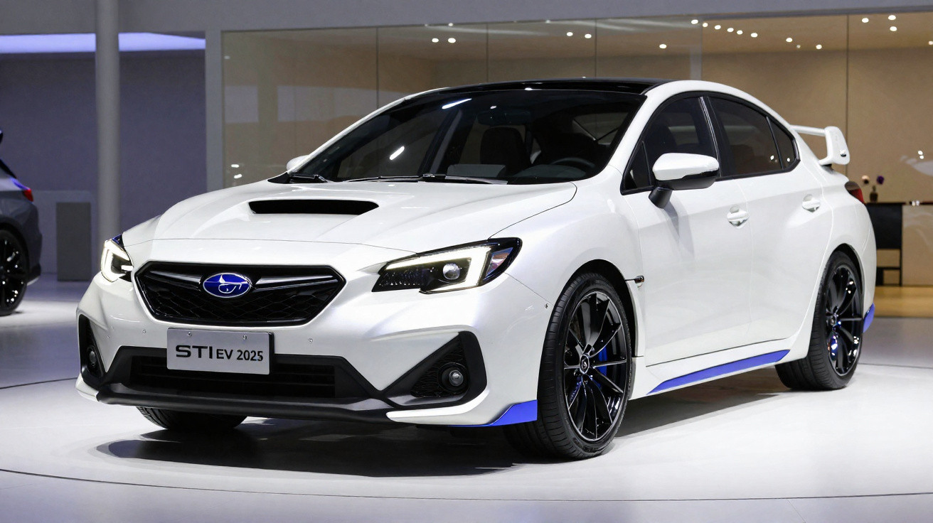 Carro esportivo branco Subaru STI EV 2025 exibido em ambiente interno moderno.
