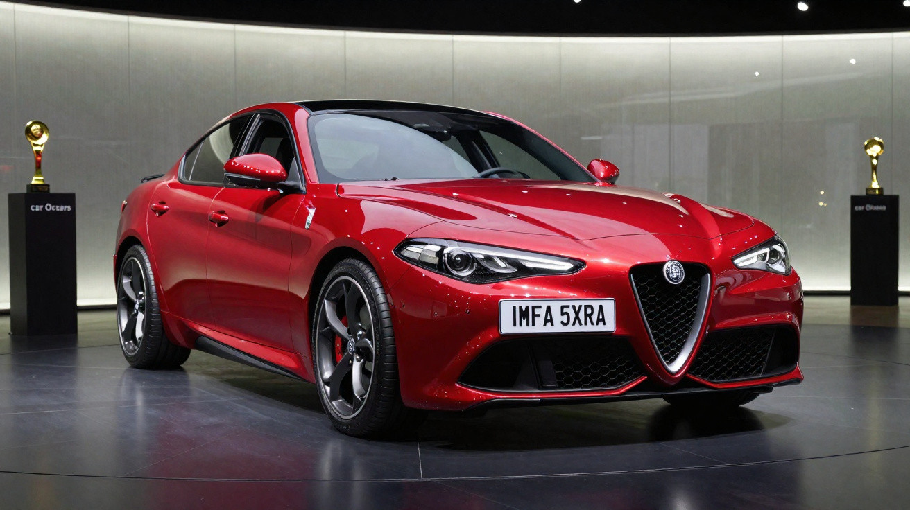 Carro esportivo Alfa Romeo Giulia vermelho exposto em salão automotivo com troféus ao fundo.