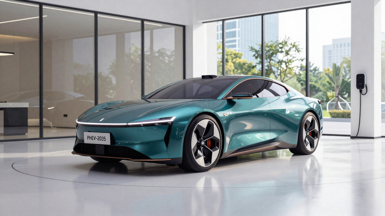Carro elétrico esportivo verde em showroom moderno com janelas grandes e carregador na parede.