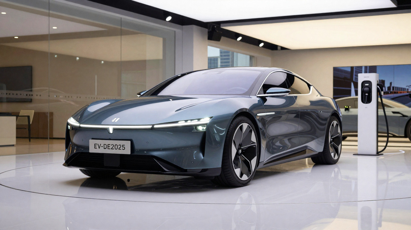 Carro elétrico moderno cinza estacionado em showroom, conectado a estação de recarga.