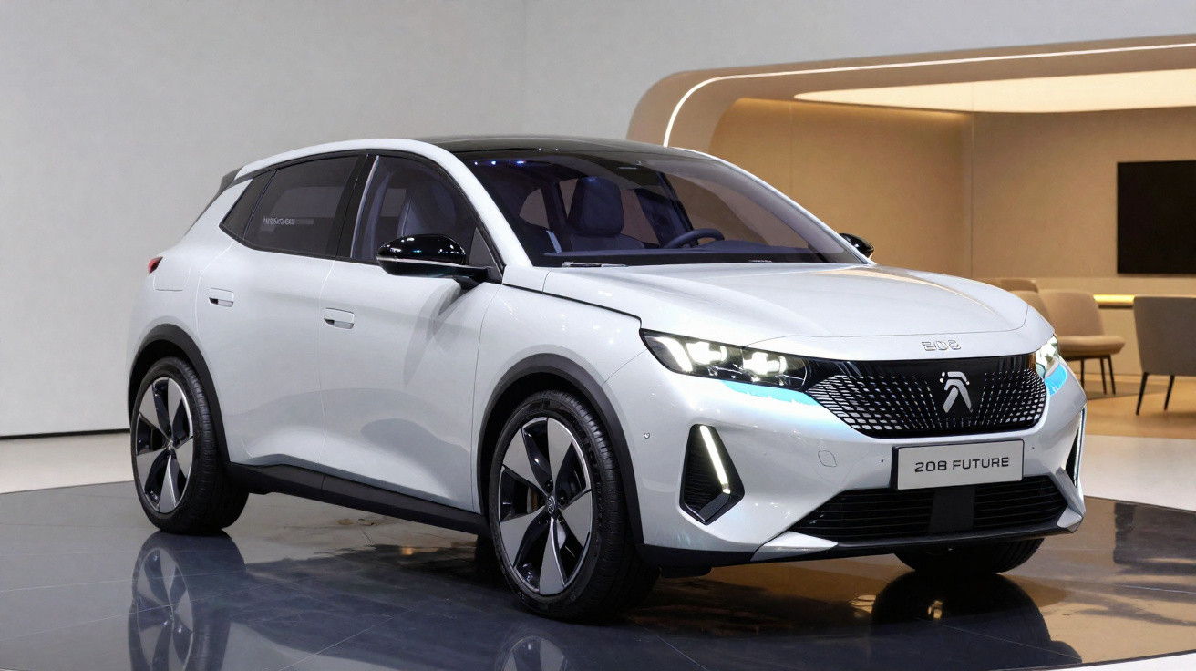 Carro elétrico branco Peugeot 208 Future exibido em ambiente moderno e iluminado, vista frontal lateral direita.