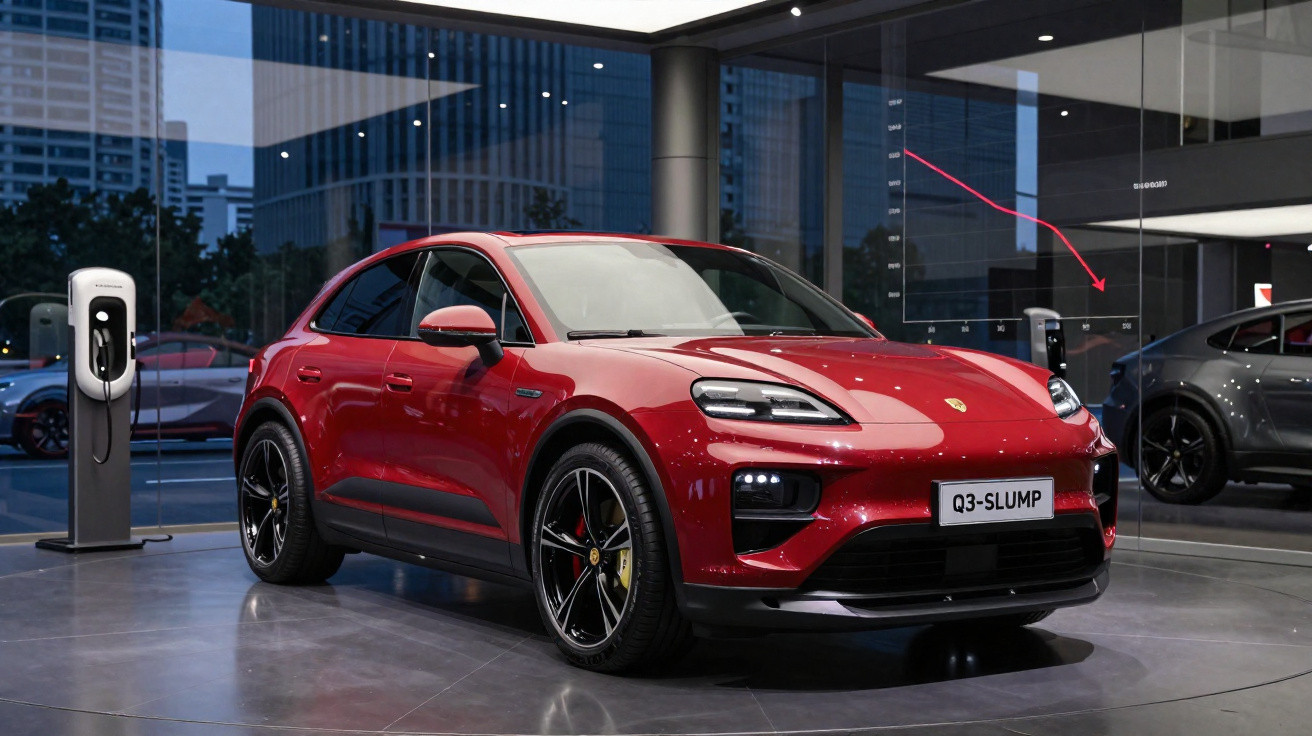 Carro elétrico vermelho Porsche estacionado em showroom moderno com carregador ao lado.