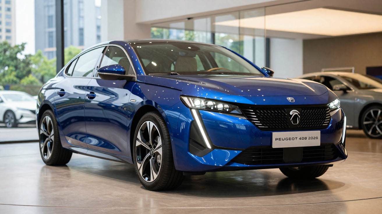Carro azul Peugeot 408 2026 exposto em showroom moderno com iluminação natural.