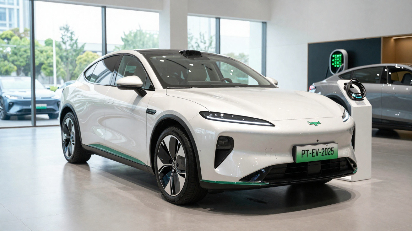 Carro elétrico branco moderno exibido em showroom com carregador elétrico ao lado e outras viaturas ao fundo.