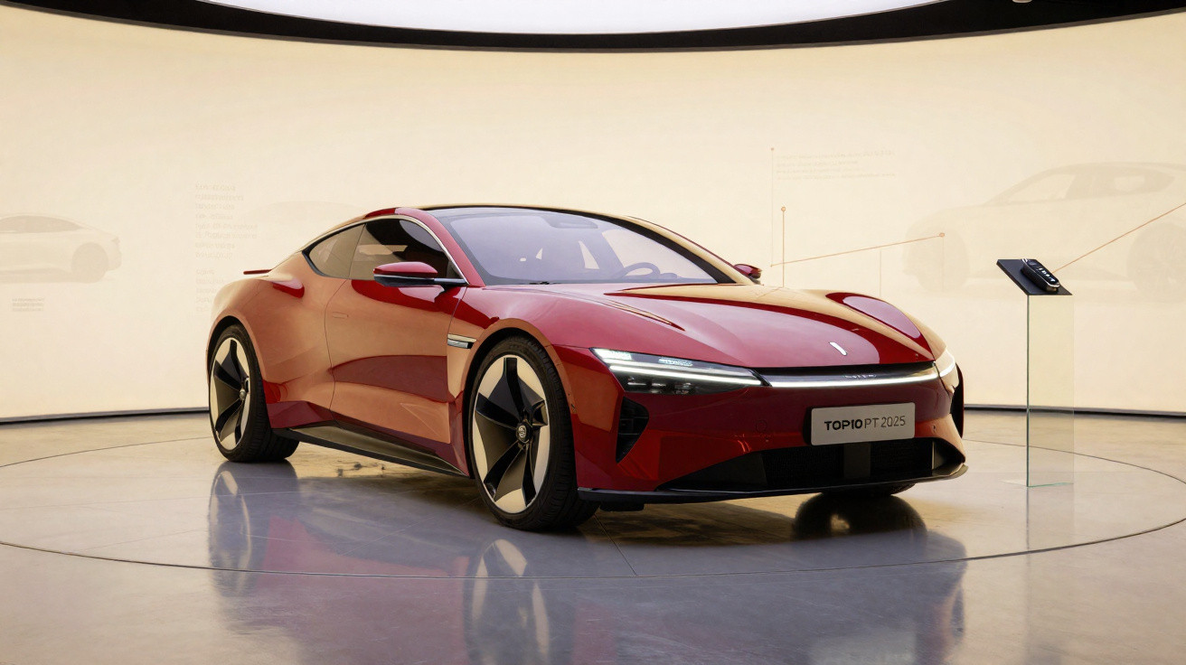 Carro esportivo elétrico vermelho modelo Topio PT 2025 em exposição interna com iluminação suave.