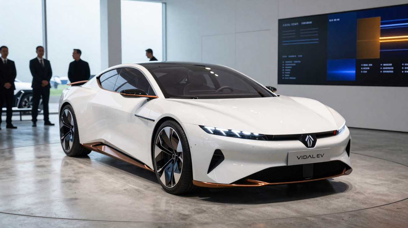 Carro esportivo elétrico branco Vidal EV exposto em salão moderno com pessoas ao fundo.
