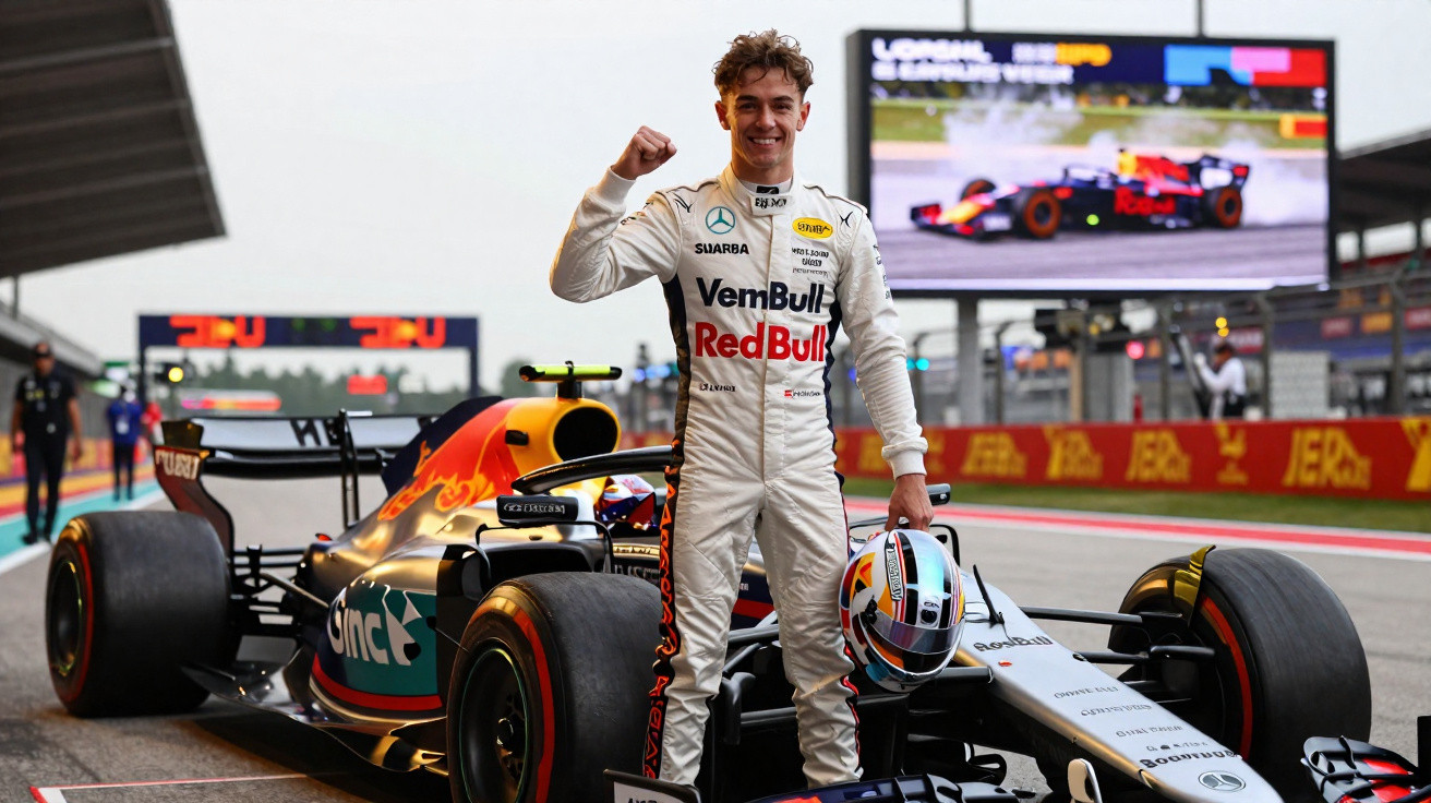 Piloto de Fórmula 1 comemorando vitória ao lado do carro da equipe Red Bull no pit lane.