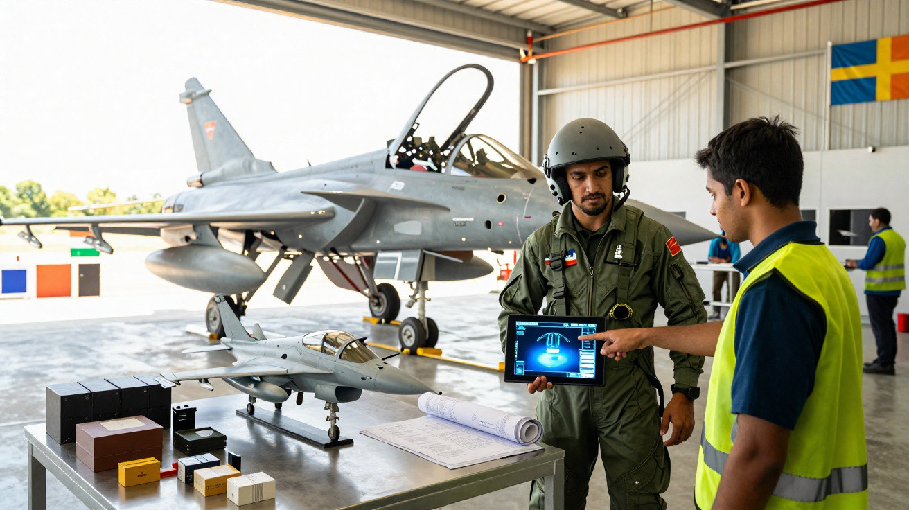 Dois homens em hangar, um piloto com uniforme e capacete mostra tablet para outro perto de modelo e avião de caça.
