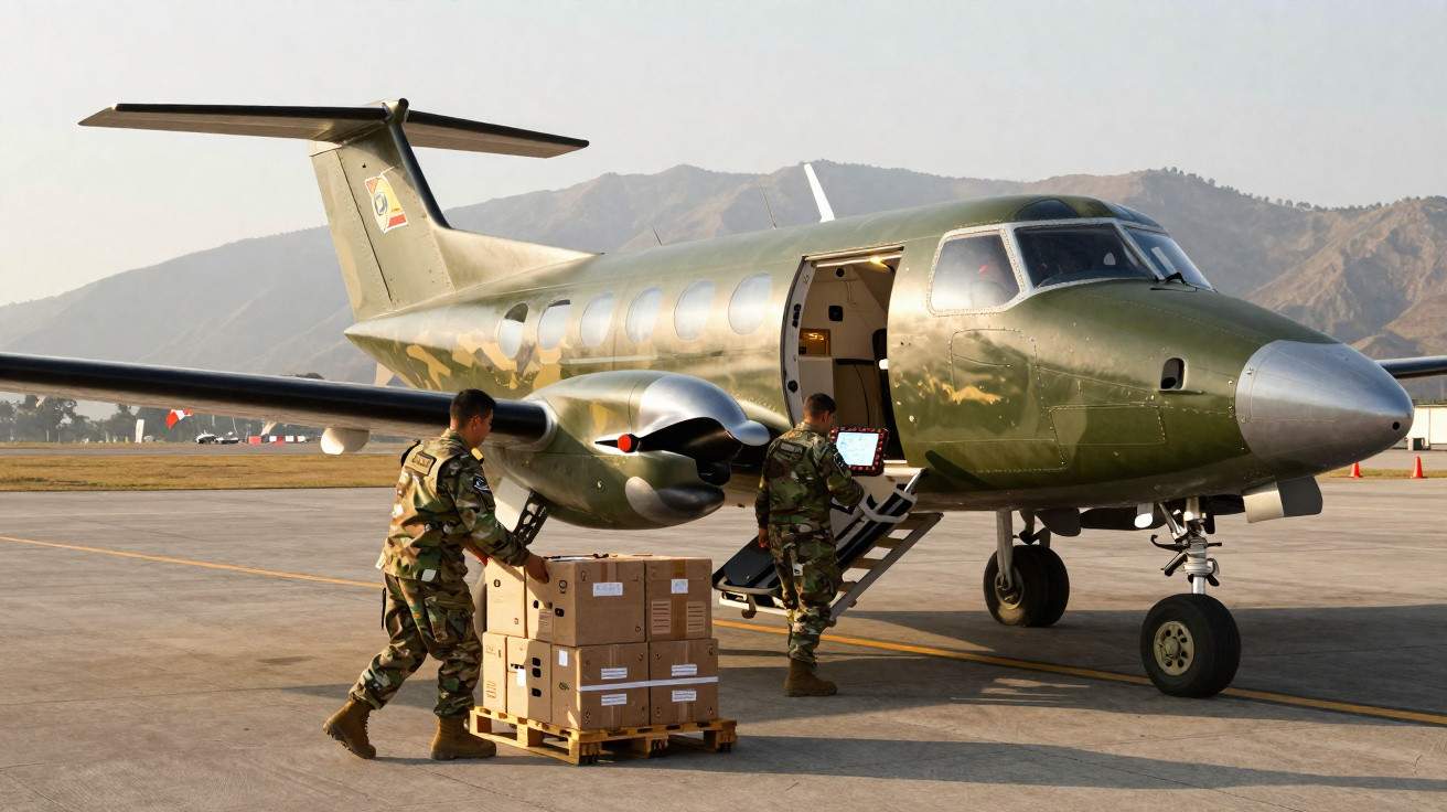 Dois militares carregam caixas para um avião militar verde em um aeroporto com montanhas ao fundo.