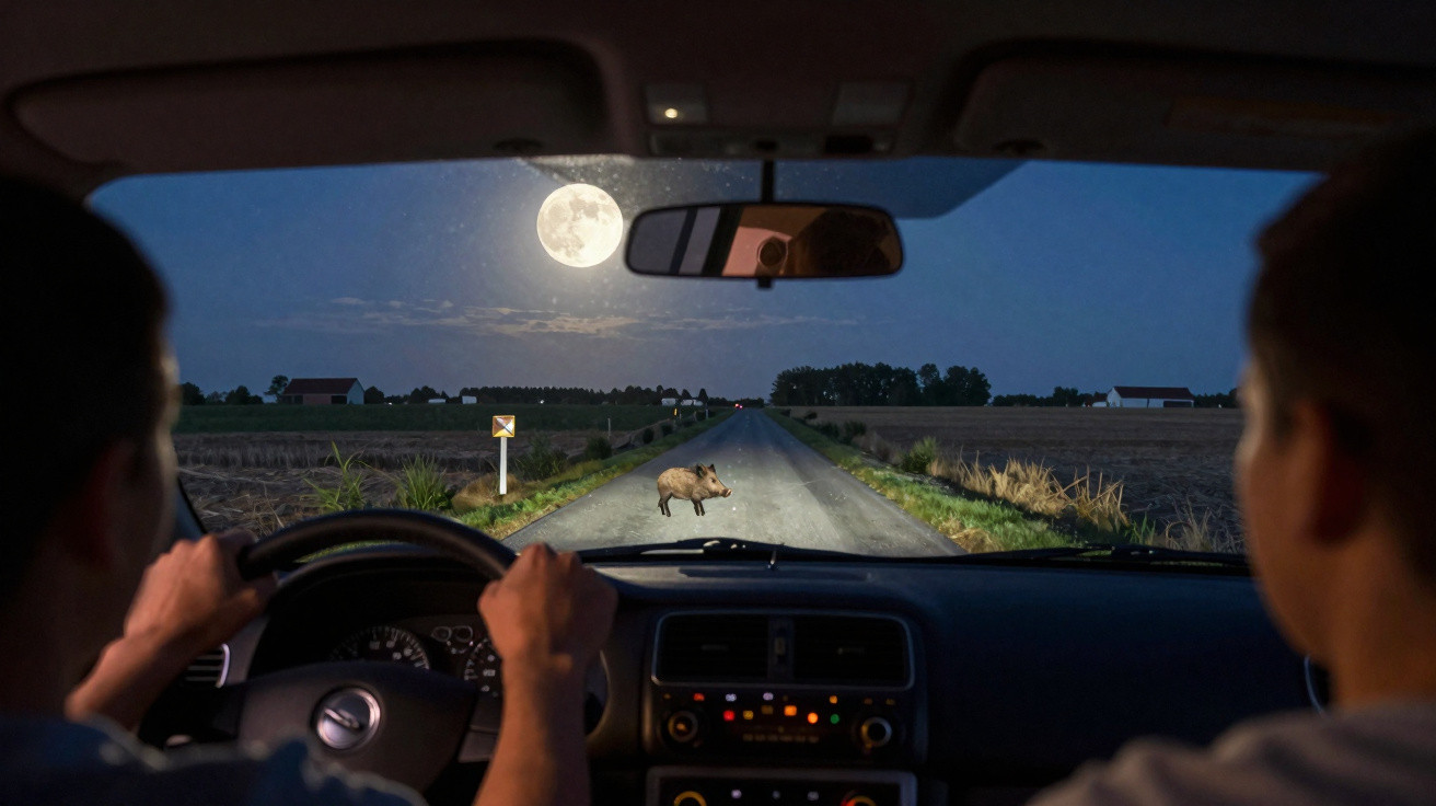 Visão interna de carro à noite com lua cheia, animais atravessando estrada rural à frente.