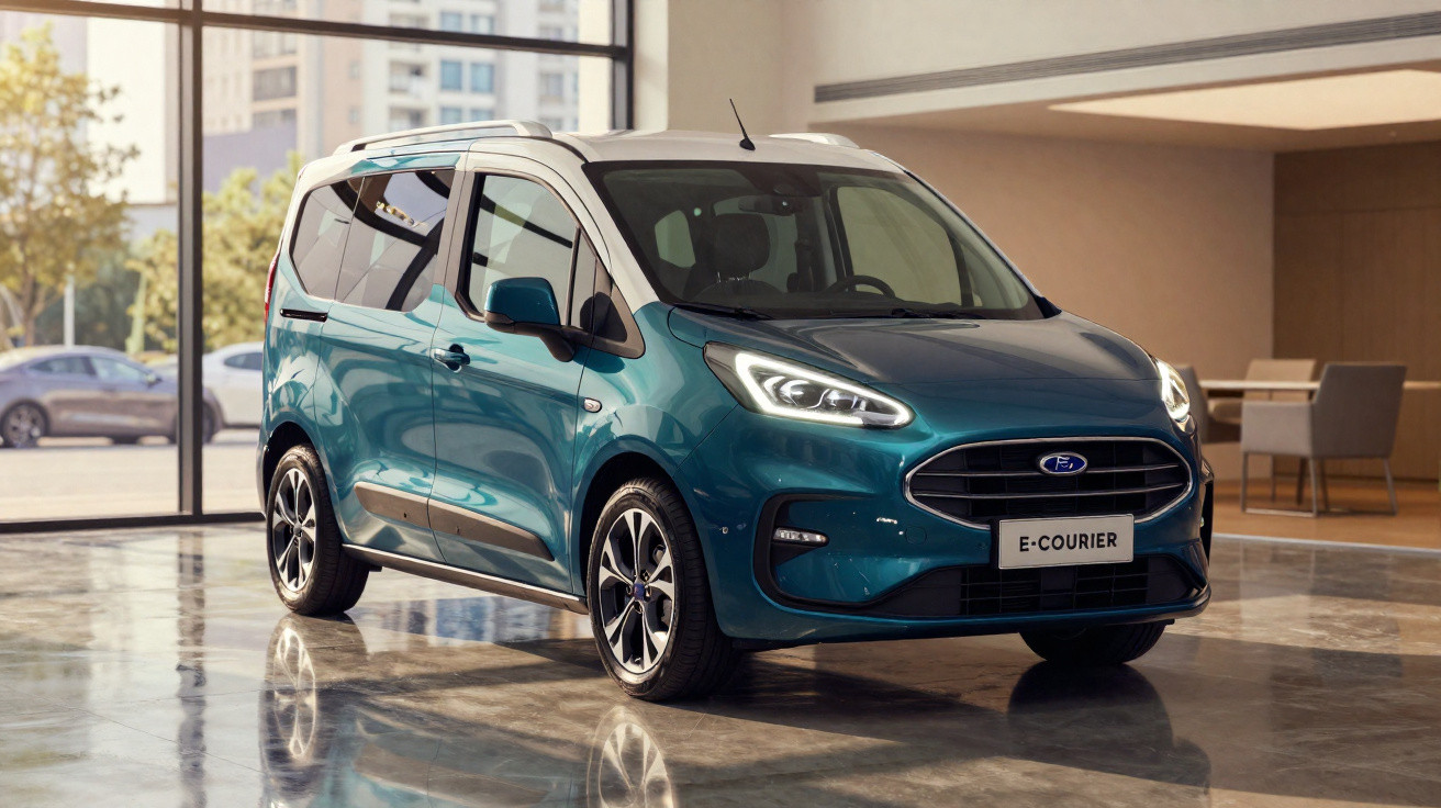 Carro elétrico Ford E-Courier azul estacionado em ambiente interno com piso refletivo.