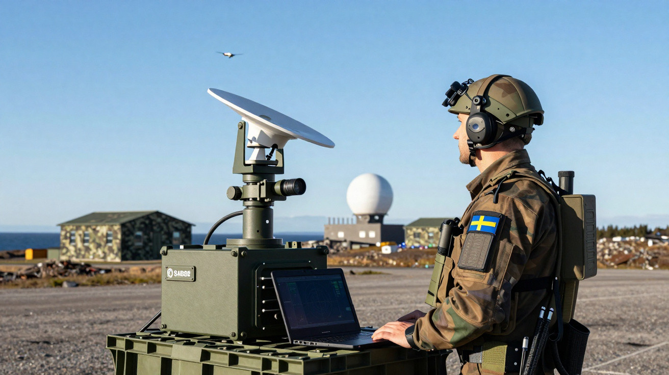 Soldado com uniforme camuflado operando equipamento de monitoramento e controle de drones ao ar livre.