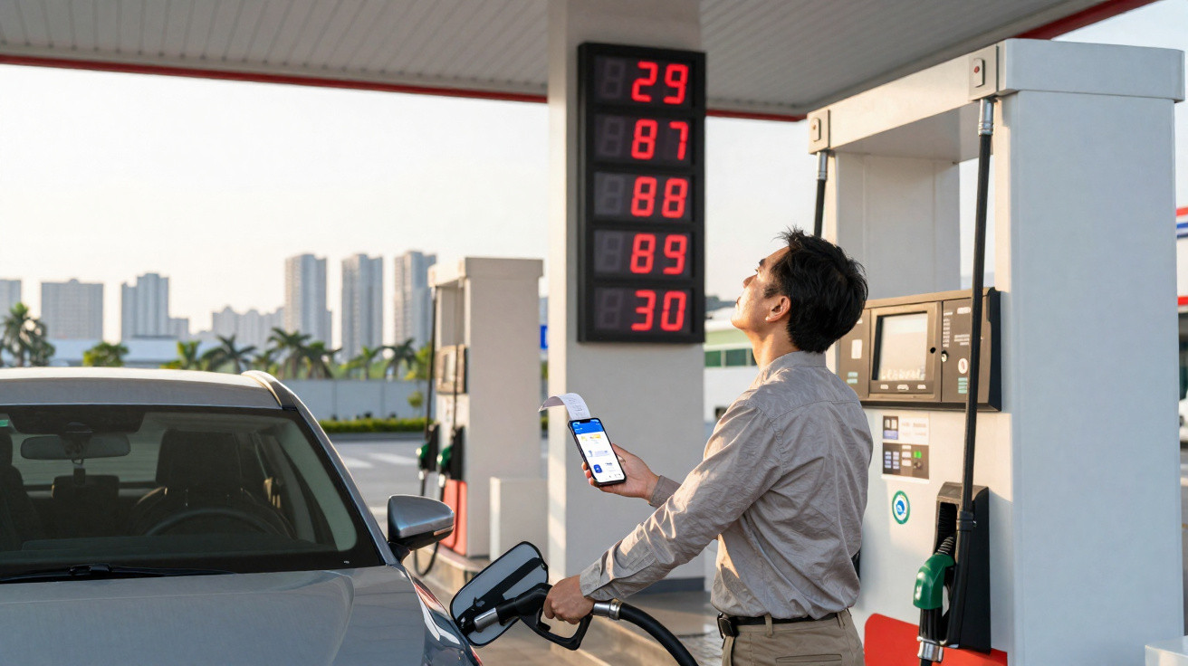 Homem abastecendo carro em posto de gasolina enquanto confere valores no celular e no painel digital.