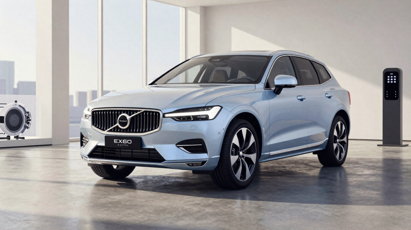 Carro elétrico Volvo EX60 azul estacionado em ambiente interno moderno com painéis transparentes ao fundo.