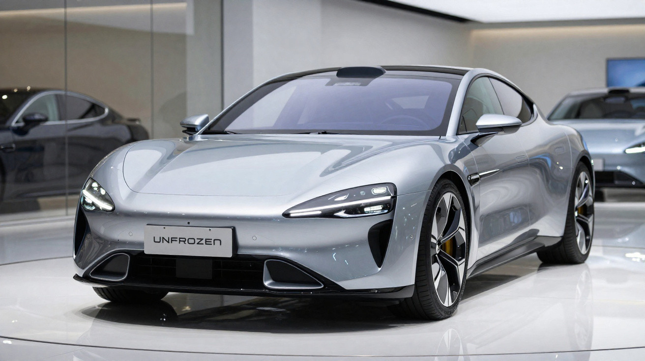 Carro esportivo prata moderno em exposição, modelo Unfrozen, com design aerodinâmico e faróis LED.