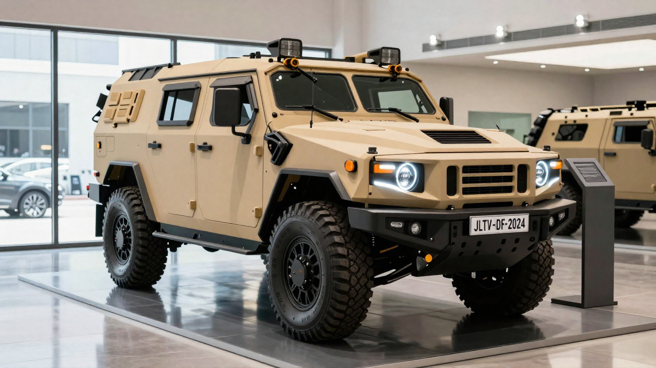 Veículo blindado militar bege em exposição interna com faróis acesos e pneus robustos.