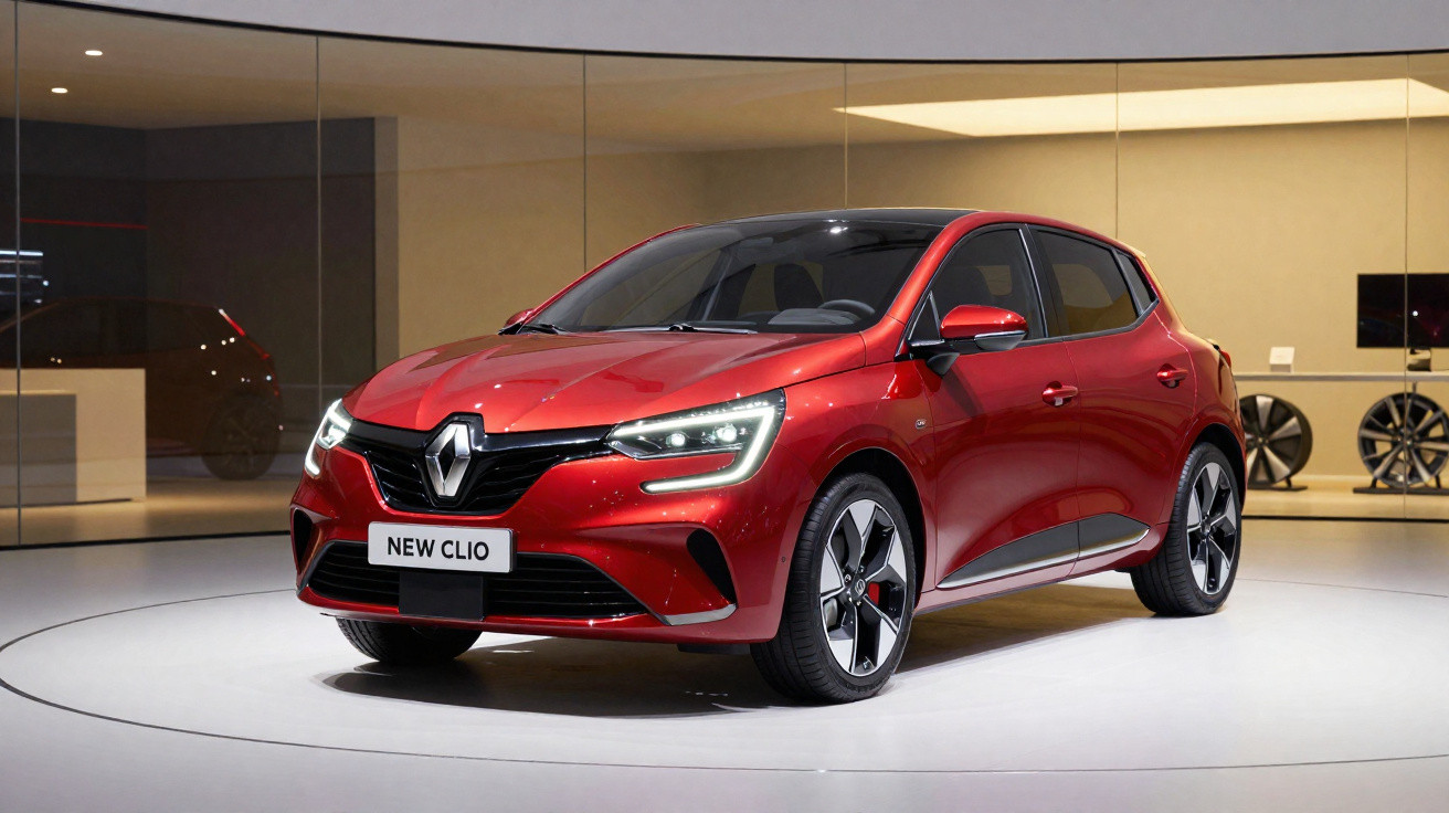Carro Renault New Clio vermelho exibido em showroom com iluminação moderna e rodas esportivas.