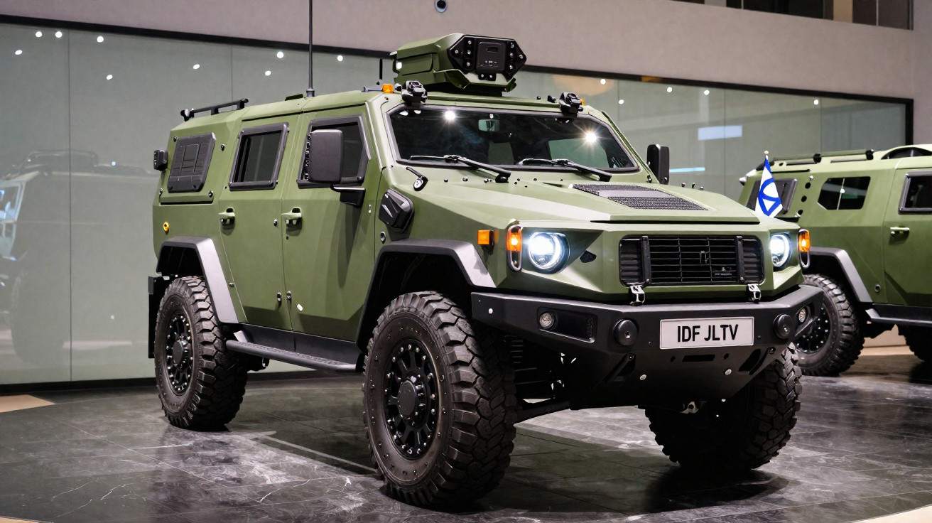 Veículo militar blindado verde, com faróis acesos e pneus grandes, exposto em ambiente interno moderno.