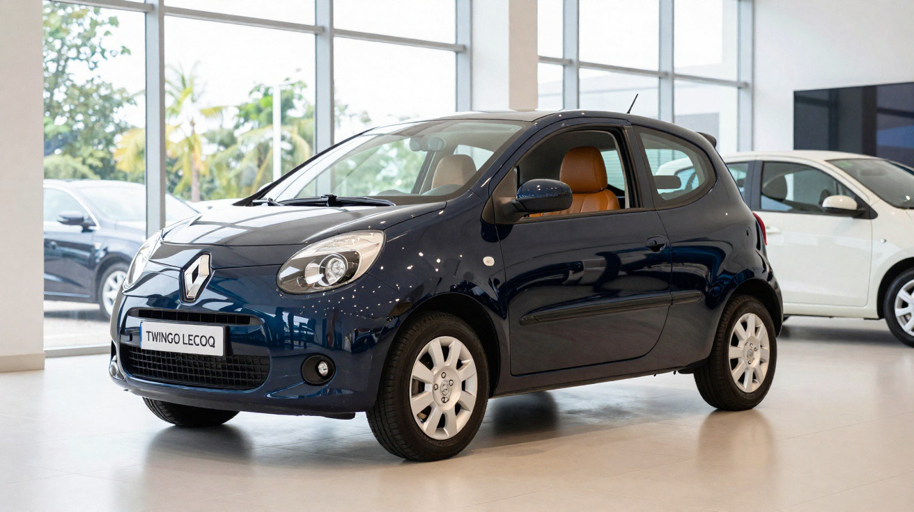 Carro Renault Twingo Lecoq azul escuro estacionado em showroom com piso claro e grandes janelas.