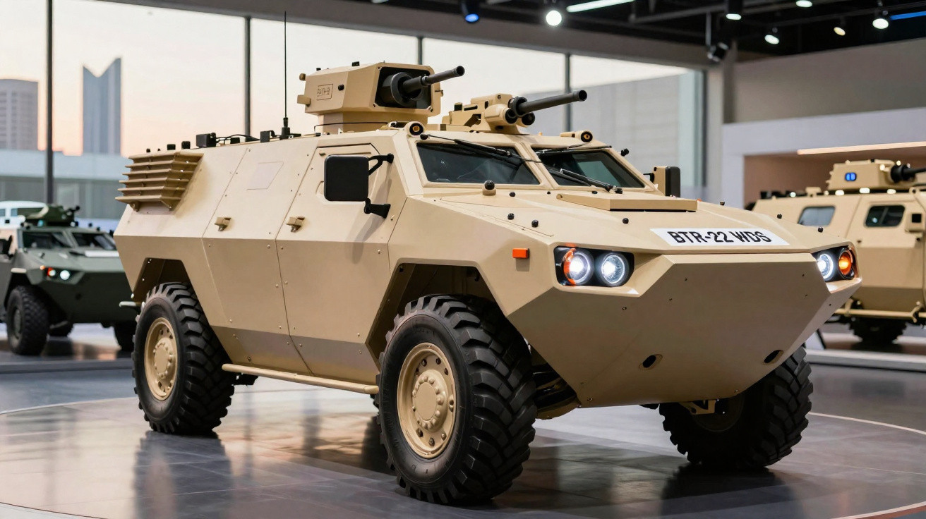 Veículo blindado militar BTR-22 WOS bege em exposição dentro de ambiente fechado.