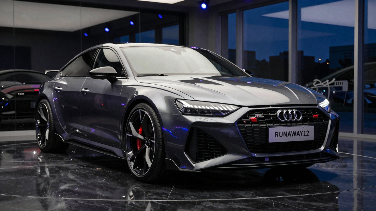 Carro esportivo cinza escuro Audi estacionado em showroom com piso refletivo e iluminação azul.
